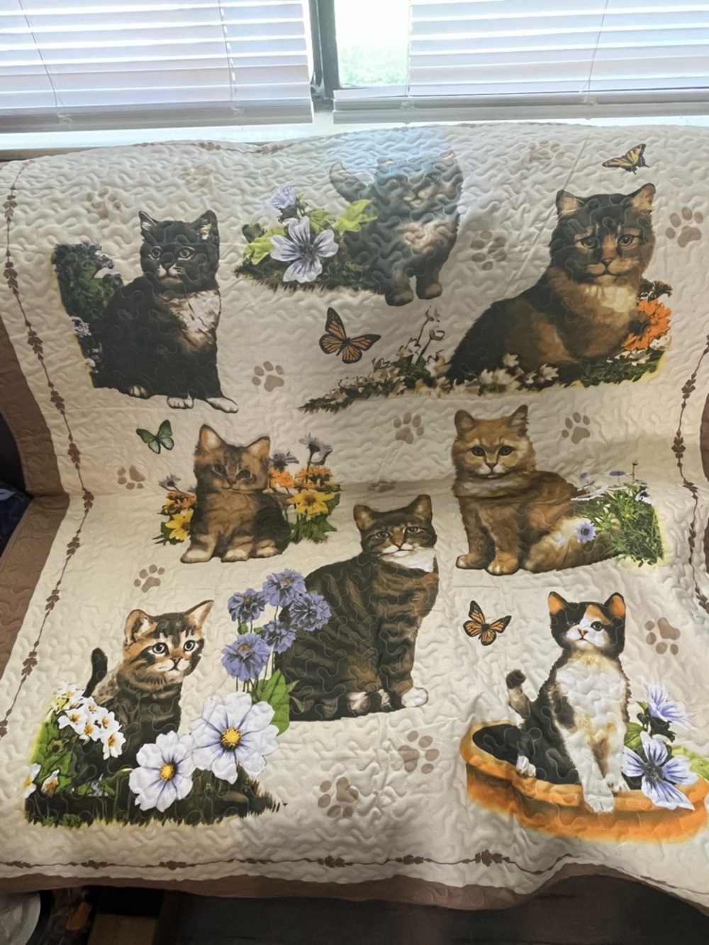 Cat Patchwork Quilted Throw Blanket - Cream with Brown & Multi-color Accents